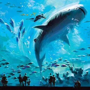 a painting of an underwater scene with a massive shark swimming above a group of silhouetted people observing from below. smaller fish and divers surround the shark, and the background is a vibrant blue with light filtering through the water.