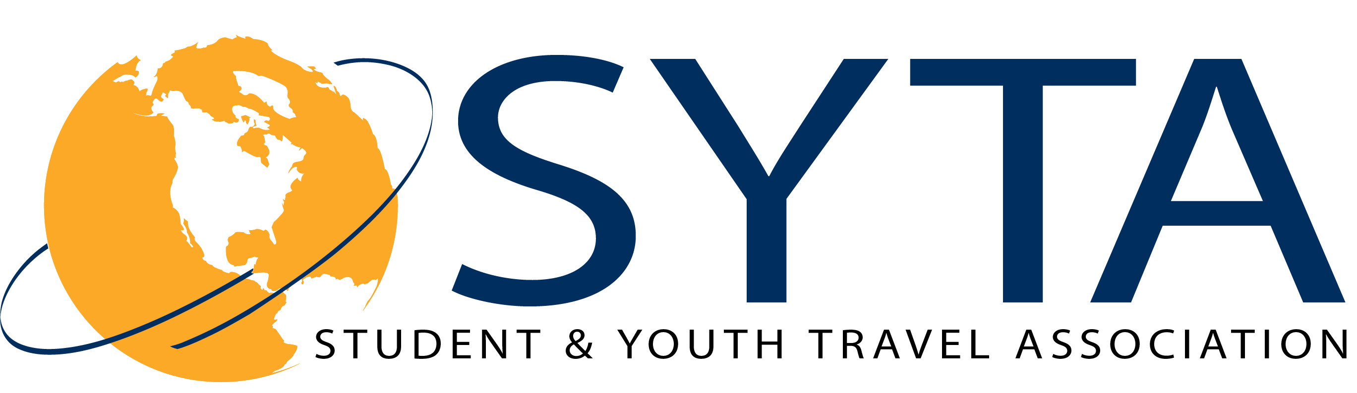 logo featuring a stylized globe with north america in orange on the left and the acronym "syta" in bold blue letters on the right. a swooping blue line encircles part of the globe.