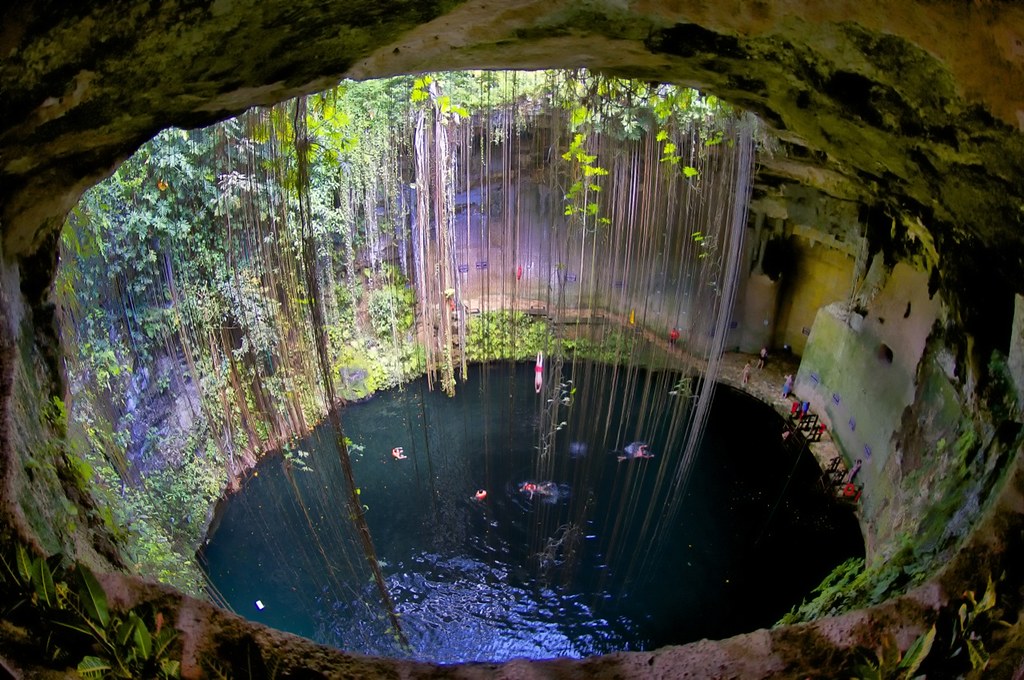 view from a rocky opening overlooking a natural cenote with clear water. swimmers are visible in the pool, surrounded by lush green foliage and long vines hanging from above. the scene is vibrant and serene.
