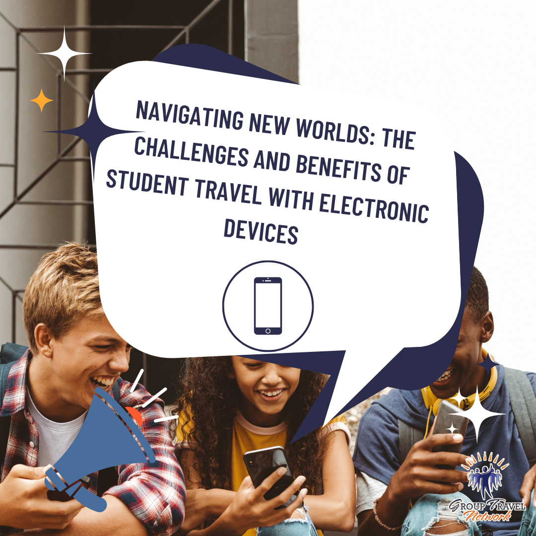 three students smile at a phone, with a speech bubble above them that reads: “navigating new worlds: the challenges and benefits of student travel with electronic devices.” logos and symbols surround, emphasizing the modern journey. three students smile at a phone, with a speech bubble above them that reads: "navigating new worlds: the challenges and benefits of student travel with electronic devices." logos and symbols surround, emphasizing the modern journey.