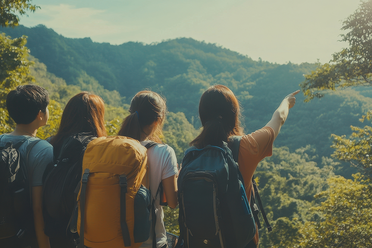 group of friends enjoying mountain view during daytime hike in lush nature landscape student field trips 0605 1