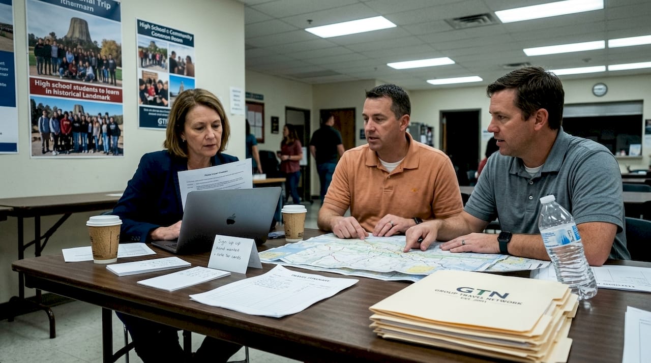 1775823622467_school-staff-reviewing-group-travel-plans-together school staff reviewing group travel plans together