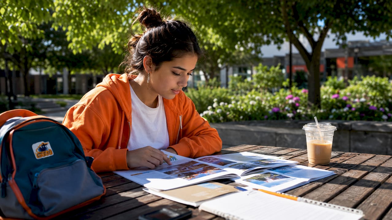 student reviewing study abroad brochures at café