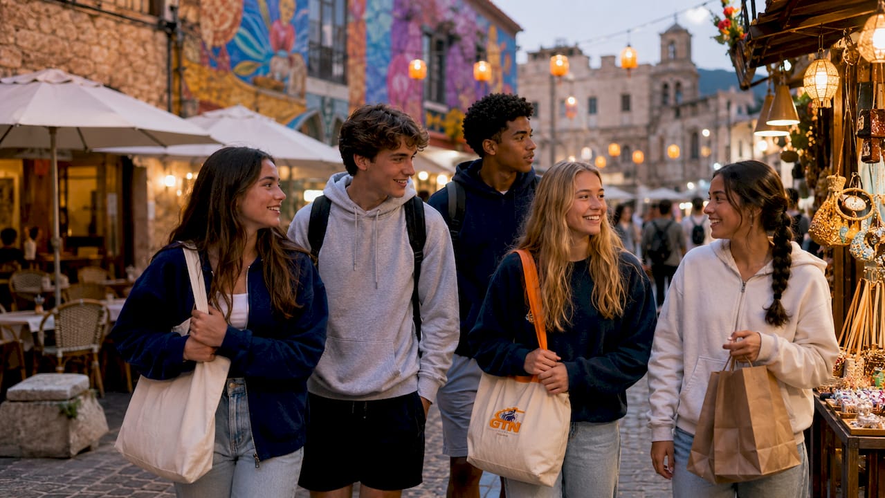 high school students walking historic city street