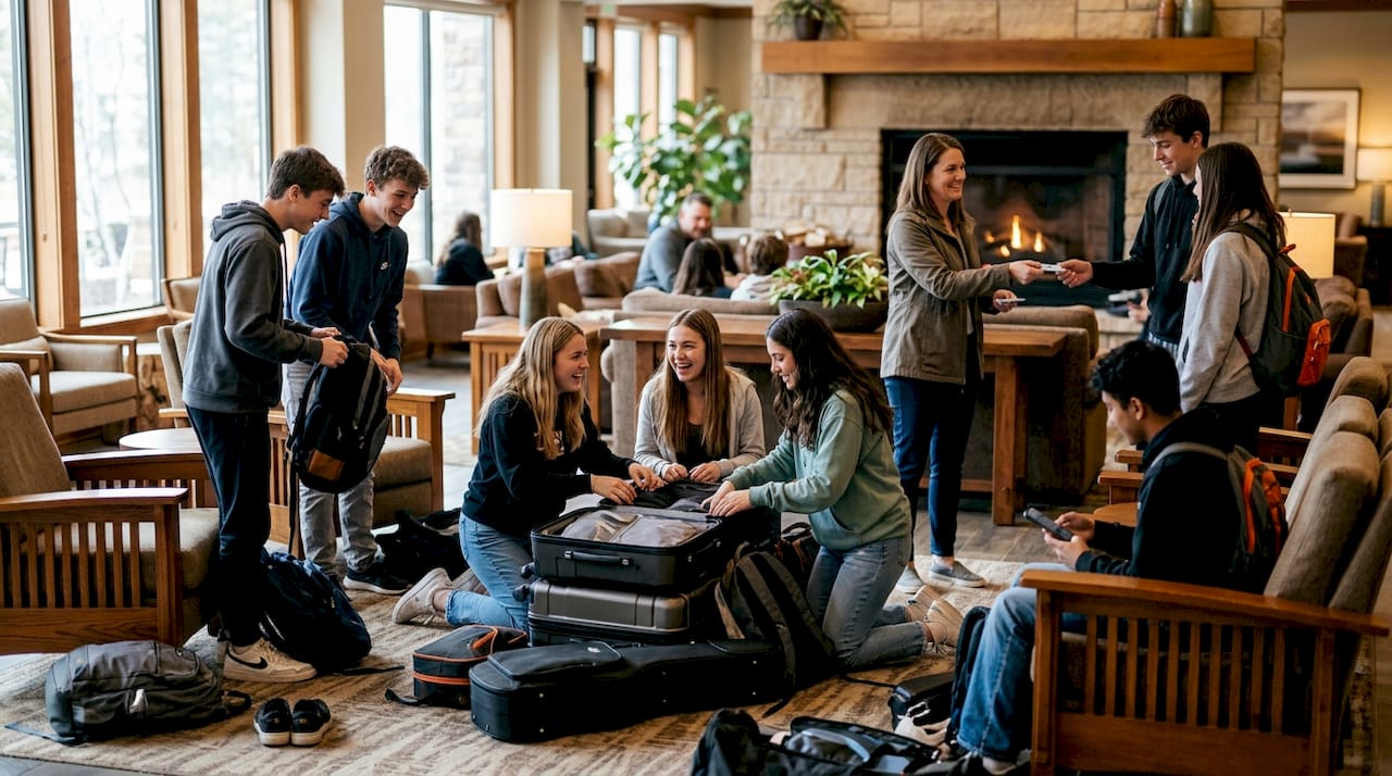 High school students unpacking in hotel hallway