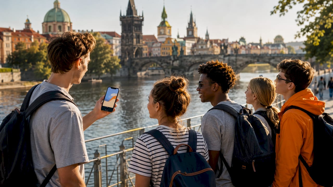 high-school students on vacation with trip coordinator