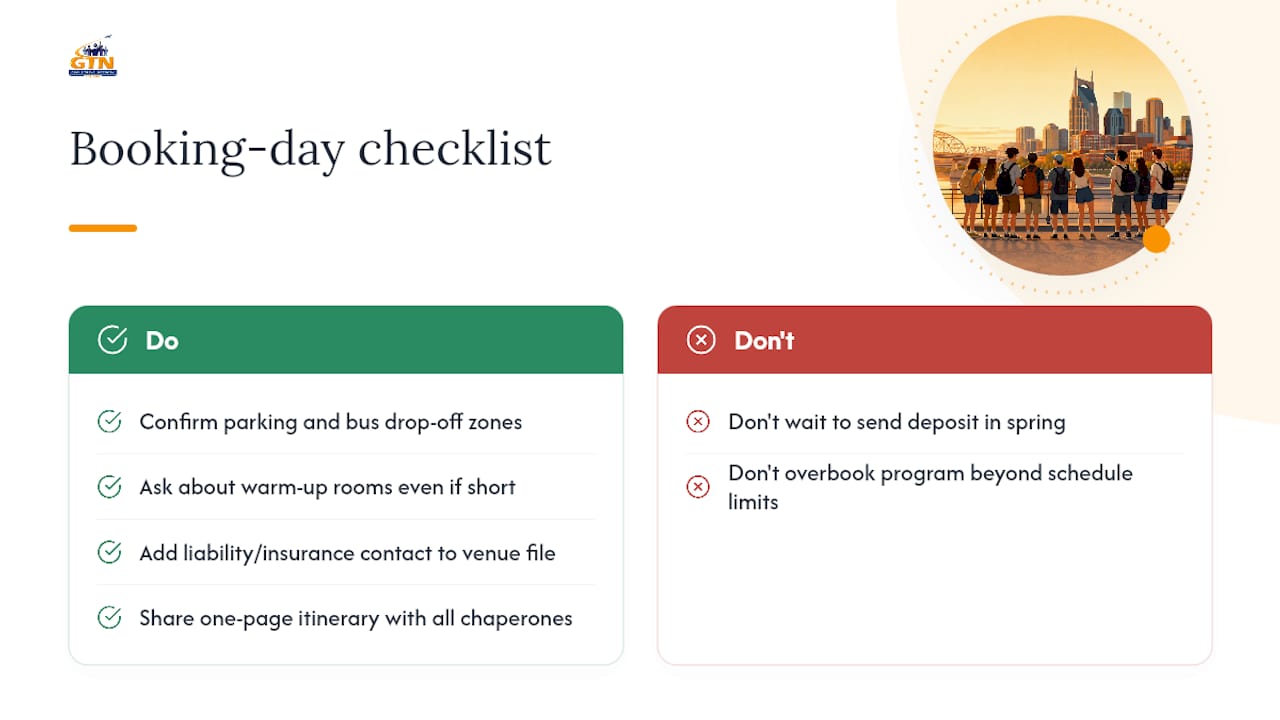 performance venue booking checklist for school groups