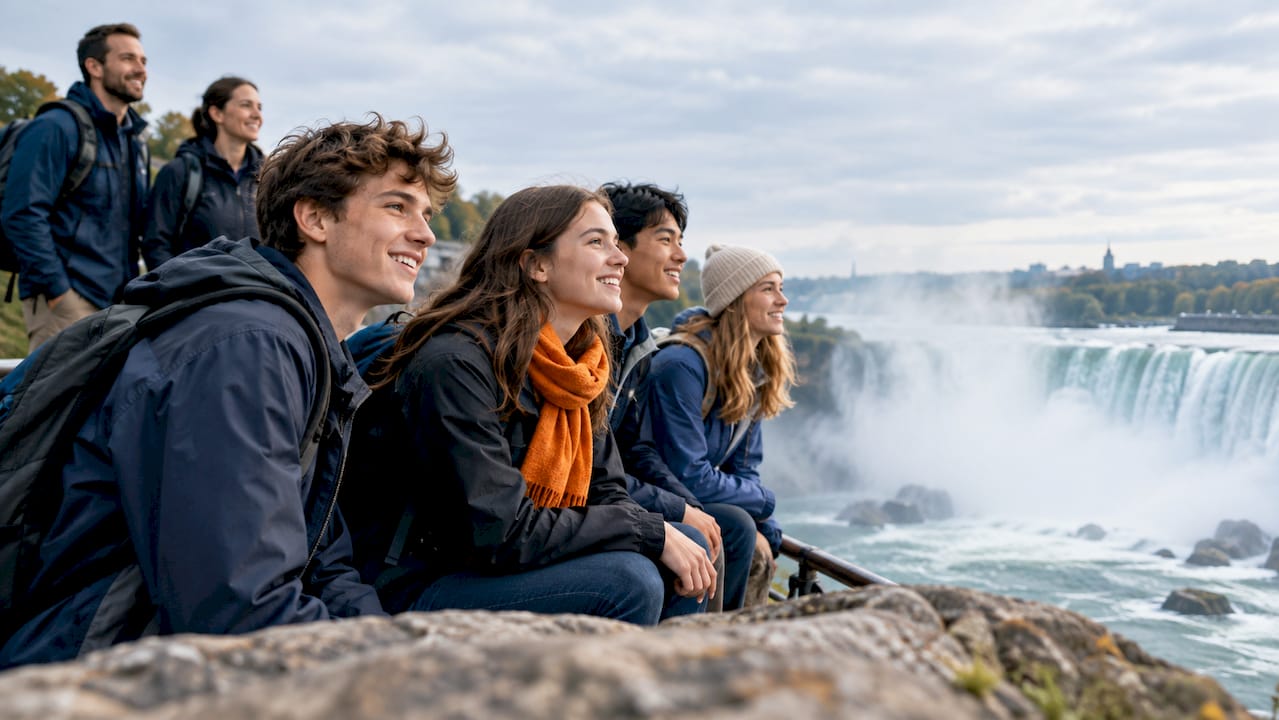 students viewing a canadian waterfall